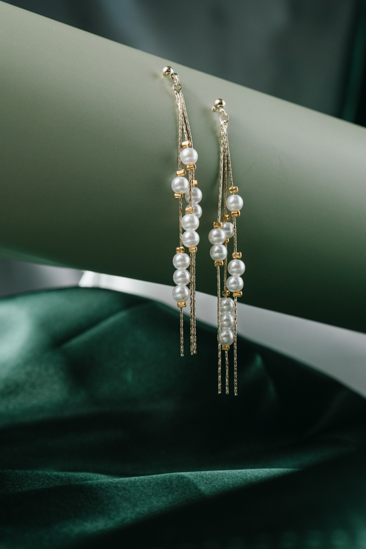 Elegant Long Pearl Strand Earrings – Gold Chain Dangle Earrings for Women