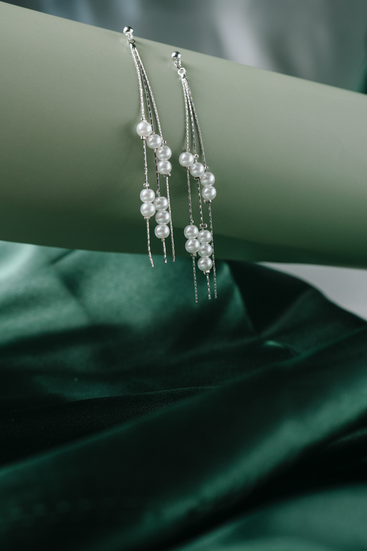 Silver Pearl Drop Earrings – Long Chain Dangle Earrings with White Faux Pearls for Women