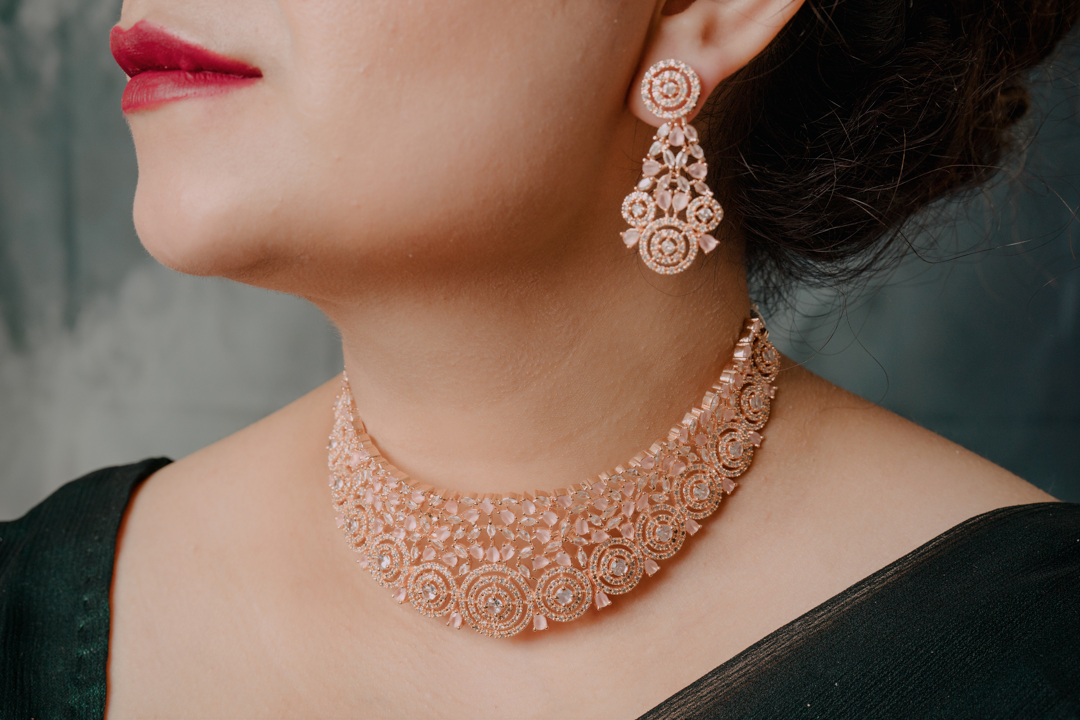 Rose Gold Bridal Choker Necklace Set – Intricate Stone-Studded Jewelry with Earrings for Women