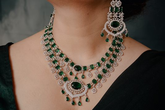 Emerald Green Bridal Necklace Set – Diamond Look Polki Choker & Earrings for Weddings