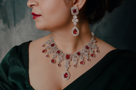 Royal Red Stone Silver Necklace Set – Designer Bridal Jewelry with Statement Earrings
