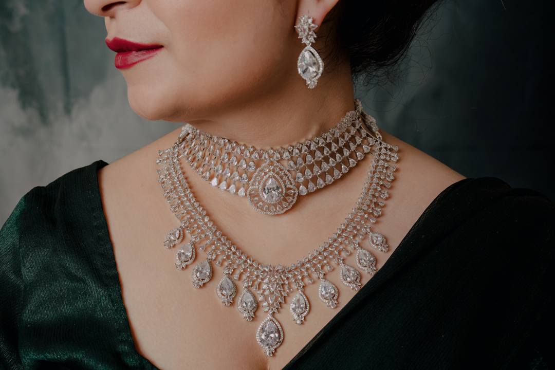 Elegant Silver Bridal Necklace Set – Double Layer Choker with Teardrop Stone Detailing