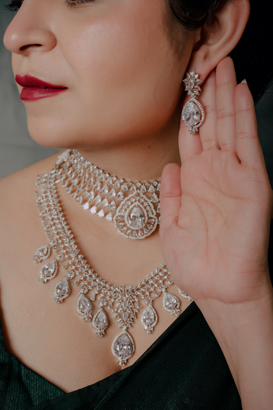 Elegant Silver Bridal Necklace Set – Double Layer Choker with Teardrop Stone Detailing