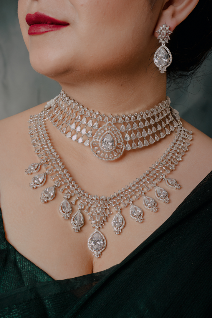 Elegant Silver Bridal Necklace Set – Double Layer Choker with Teardrop Stone Detailing
