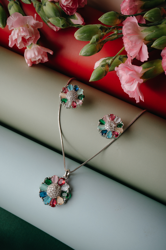 Elegant Multi-Color Stone Pendant & Earrings Set in Silver Finish – Floral Design Jewelry