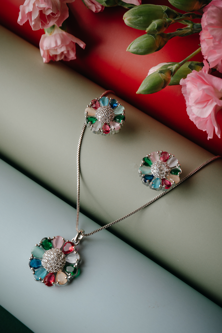 Elegant Multi-Color Stone Pendant & Earrings Set in Silver Finish – Floral Design Jewelry