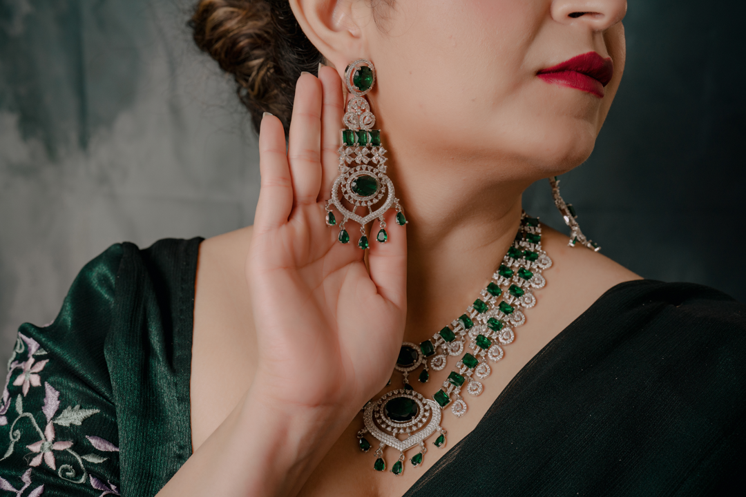 Emerald Green Bridal Necklace Set – Diamond Look Polki Choker & Earrings for Weddings