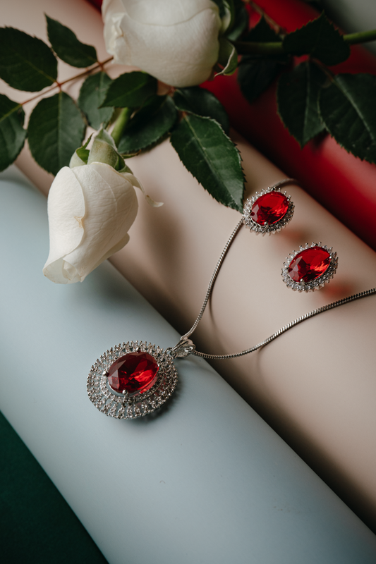 Luxury Ruby Red Stone Jewelry Set – Ring, Pendant & Earrings in Silver Finish