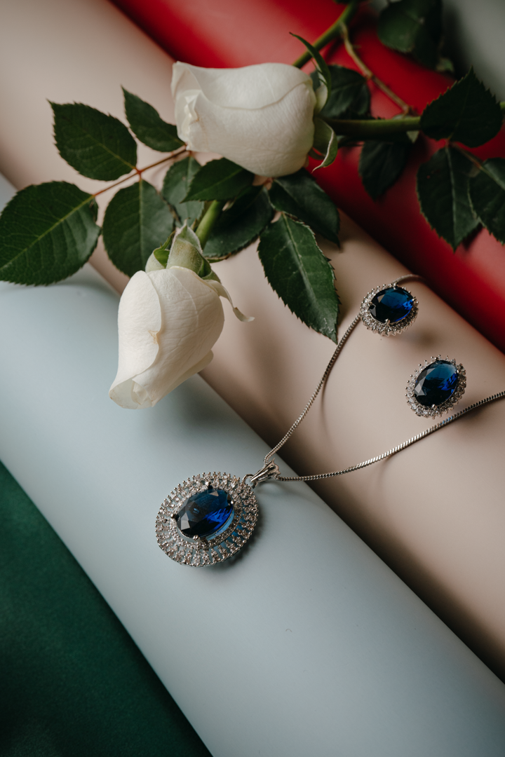 Royal Blue Sapphire-Inspired Jewelry Set | Silver-Plated Ring, Earrings & Pendant for Women
