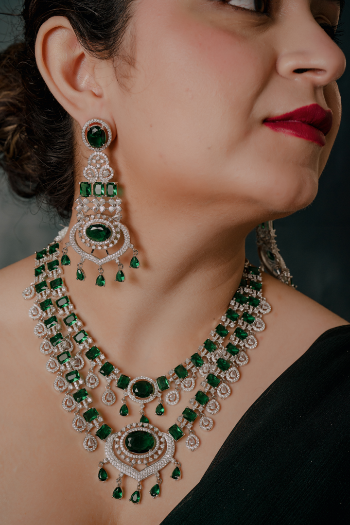 Emerald Green Bridal Necklace Set – Diamond Look Polki Choker & Earrings for Weddings
