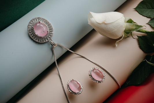 Elegant Pink Stone Pendant & Earrings Set in Silver Finish – Oval Cut Crystal Jewelry for Women