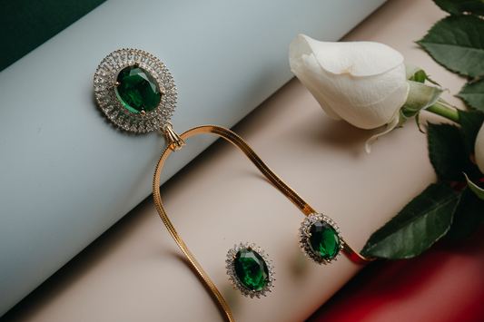 Elegant Green Stone Jewelry Set – Ring, Pendant & Earrings in Silver Finish