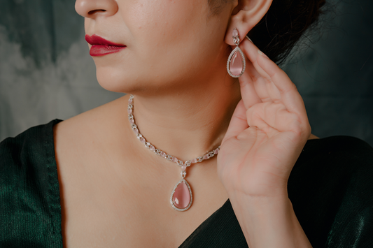 Blush Pink Teardrop Necklace Set – Delicate Stone Pendant & Earrings for Women