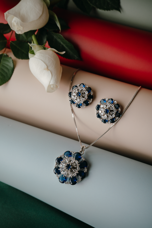 Elegant Royal Blue American Diamond Jewelry Set – Ring, Earrings & Pendant for Women