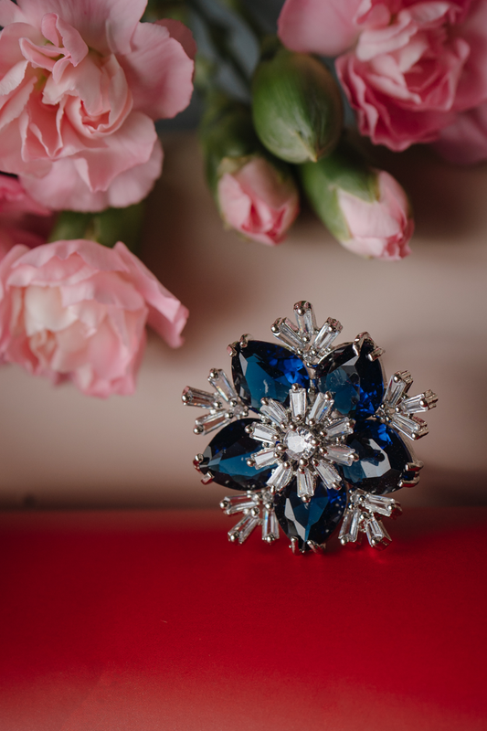 Elegant Royal Blue American Diamond Jewelry Set – Ring, Earrings & Pendant for Women