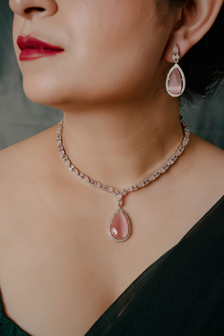 Blush Pink Teardrop Necklace Set – Delicate Stone Pendant & Earrings for Women