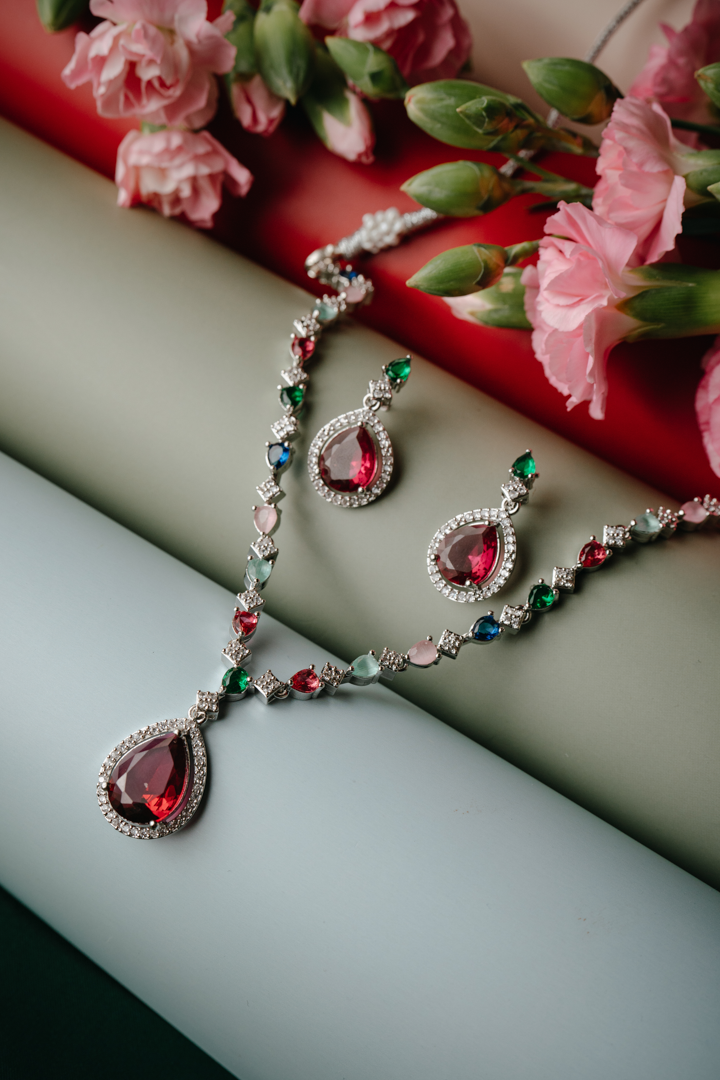 Multicolor Stone & Ruby Red American Diamond Necklace Set with Earrings – Party Wear Jewelry for Women