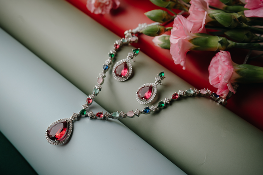 Multicolor Stone & Ruby Red American Diamond Necklace Set with Earrings – Party Wear Jewelry for Women