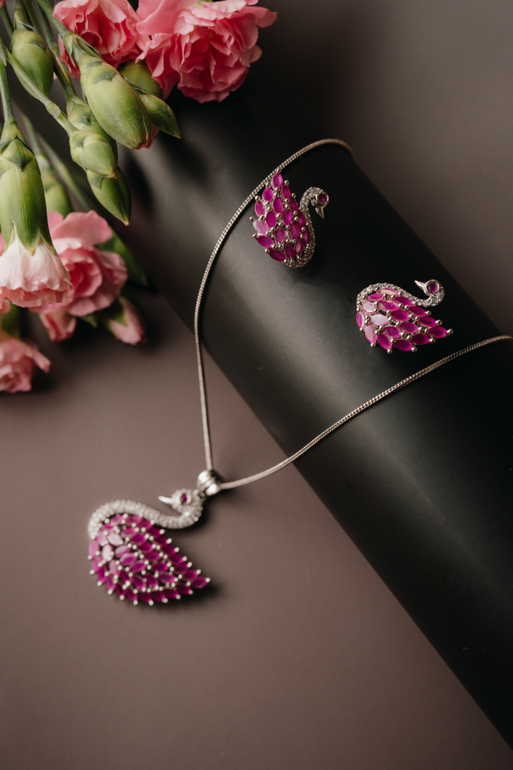 Elegant Pink Peacock Pendant Set with Earrings – American Diamond Silver Finish Jewellery for Women