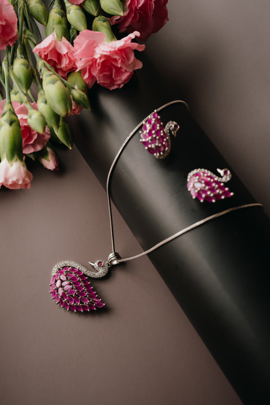 Elegant Pink Peacock Pendant Set with Earrings – American Diamond Silver Finish Jewellery for Women