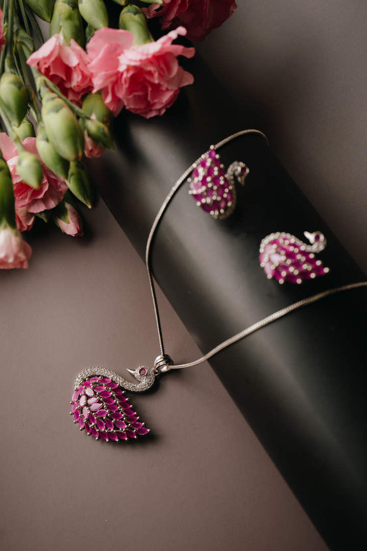 Elegant Pink Peacock Pendant Set with Earrings – American Diamond Silver Finish Jewellery for Women