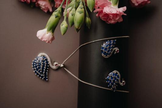 Royal Blue Peacock Pendant Set with Earrings – American Diamond Silver Finish Jewellery for Women