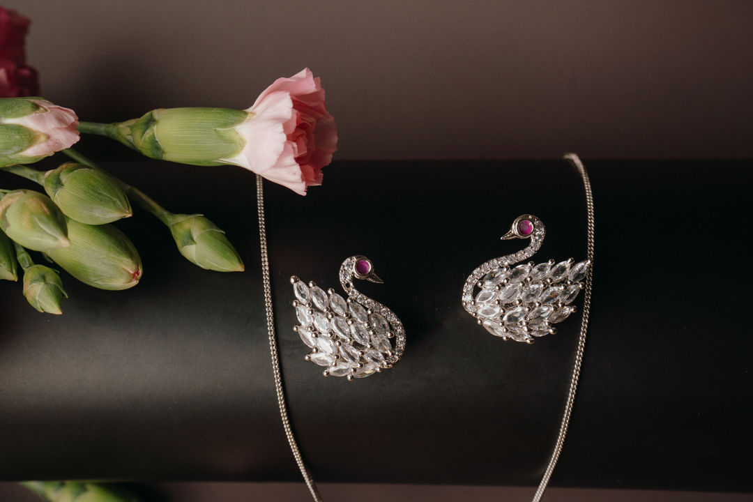 Elegant White Swan Pendant Set with Earrings – American Diamond Silver Finish Jewellery for Women