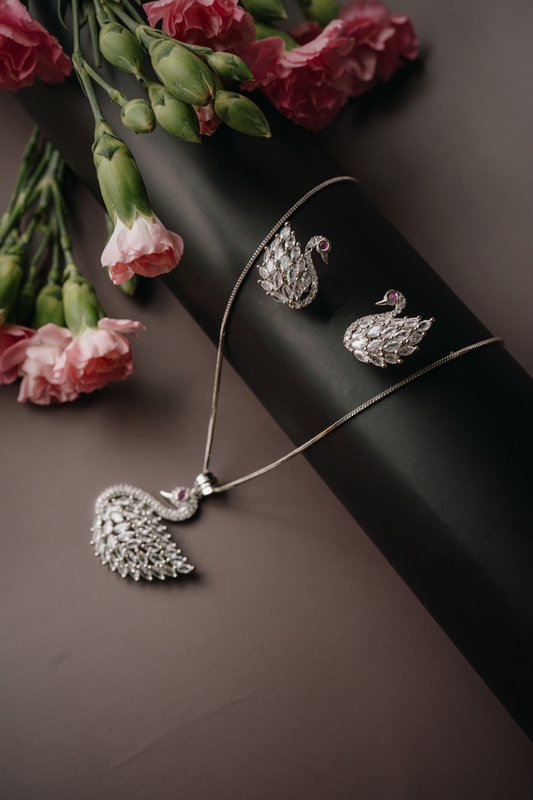 Elegant White Swan Pendant Set with Earrings – American Diamond Silver Finish Jewellery for Women
