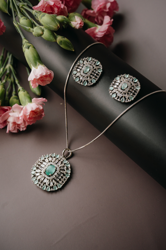 Mint Green Statement Pendant Set with Earrings – American Diamond Party Wear Jewellery for Women