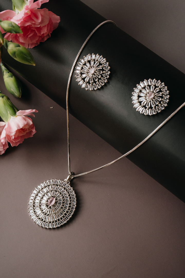 Radiant Round Pendant Set with Earrings – Silver-Tone American Diamond Jewellery for Women