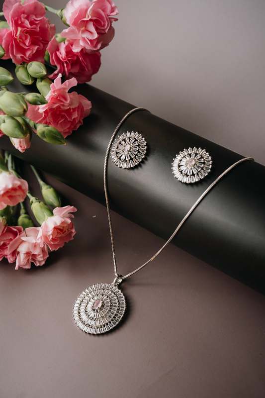 Radiant Round Pendant Set with Earrings – Silver-Tone American Diamond Jewellery for Women