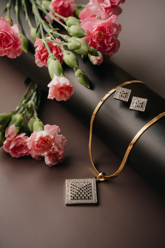 Gold-Plated Square Pendant Set with Earrings – Modern American Diamond Jewellery for Women