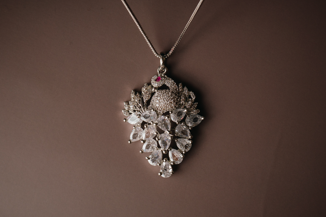 Elegant Silver-Toned Floral Pendant Set with Earrings – American Diamond Leaf Design Jewellery for Women
