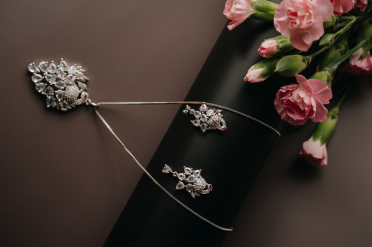 Elegant Silver-Toned Floral Pendant Set with Earrings – American Diamond Leaf Design Jewellery for Women