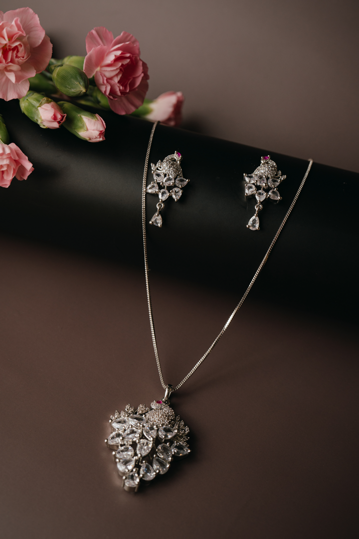 Elegant Silver-Toned Floral Pendant Set with Earrings – American Diamond Leaf Design Jewellery for Women