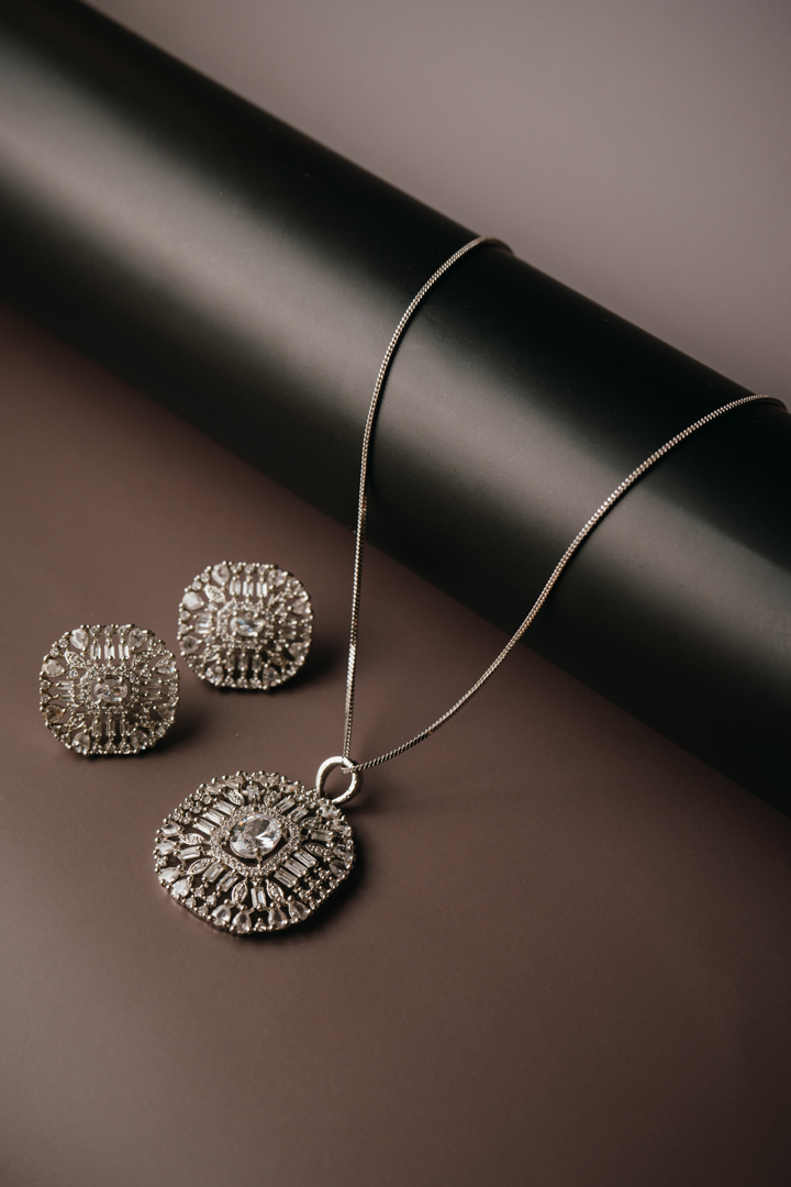 Silver Plated Diamond Cut Pendant Set with Stud Earrings – Designer American Diamond Jewellery for Women