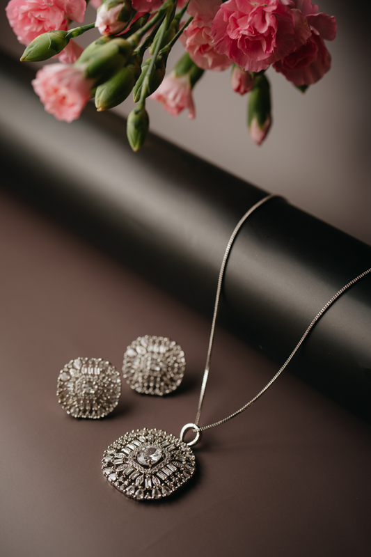 Silver Plated Diamond Cut Pendant Set with Stud Earrings – Designer American Diamond Jewellery for Women