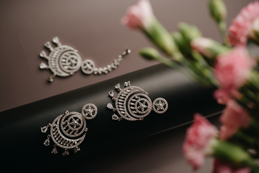 Bridal Silver Plated Chandbali Earrings with Maang Tikka Set – Traditional American Diamond Jewellery