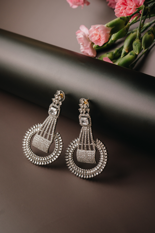 Elegant American Diamond Statement Drop Earrings – Silver Plated Designer Party Wear Jewellery
