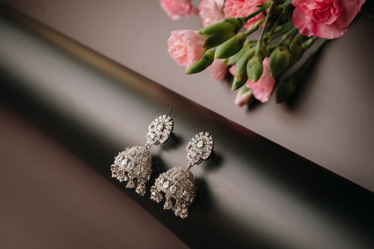 Sparkling American Diamond Jhumka Earrings – Traditional Silver Plated Bridal Jewellery
