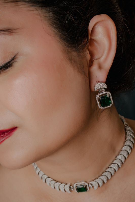 Emerald Green Stone Choker Necklace Set – Silver Finish Bridal Jewelry with Matching Earrings