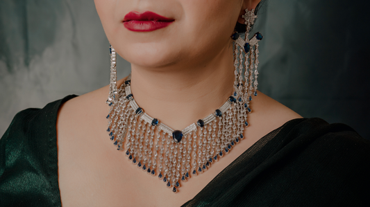 Royal Blue Crystal Fringe Necklace Set – Layered Statement Bridal Jewelry with Long Earrings