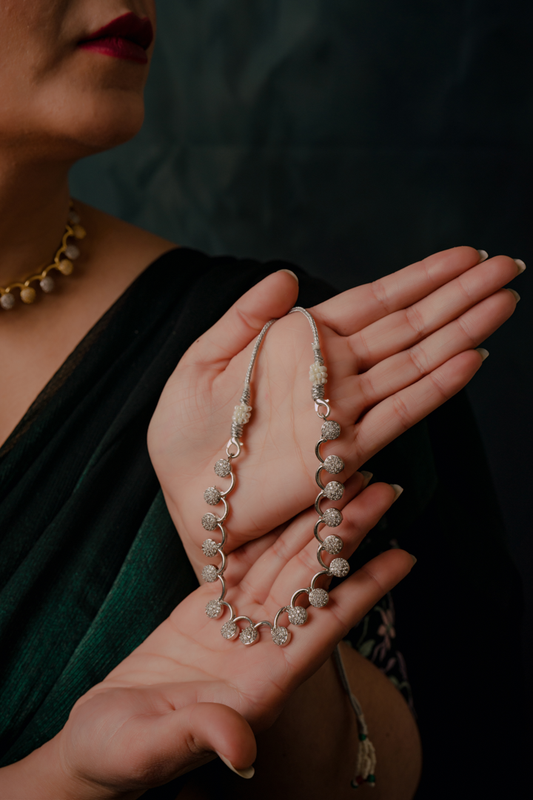 Silver Ball Drop Necklace Set – Elegant Choker-Style Jewelry with Matching Earrings