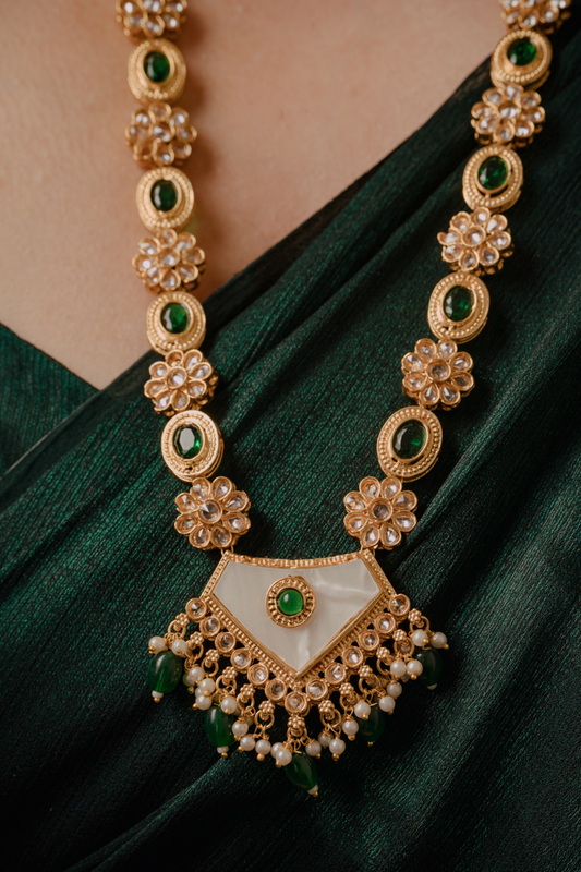 Antique Gold Green Stone Necklace Set – Traditional Long Haram with Earrings for Women