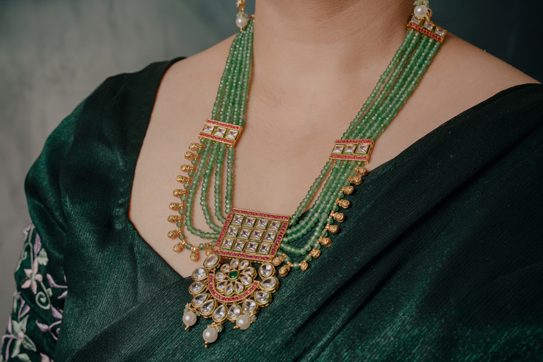 Green Beaded Kundan Necklace Set – Multi-Strand Bridal Jewelry with Pearl Drops & Earrings