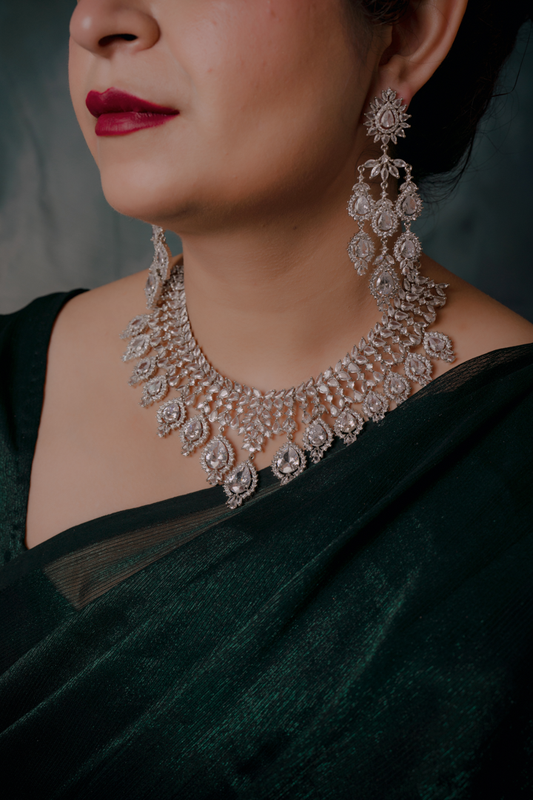 Silver Bridal Necklace Set – Heavy Diamond Look Choker with Statement Earrings