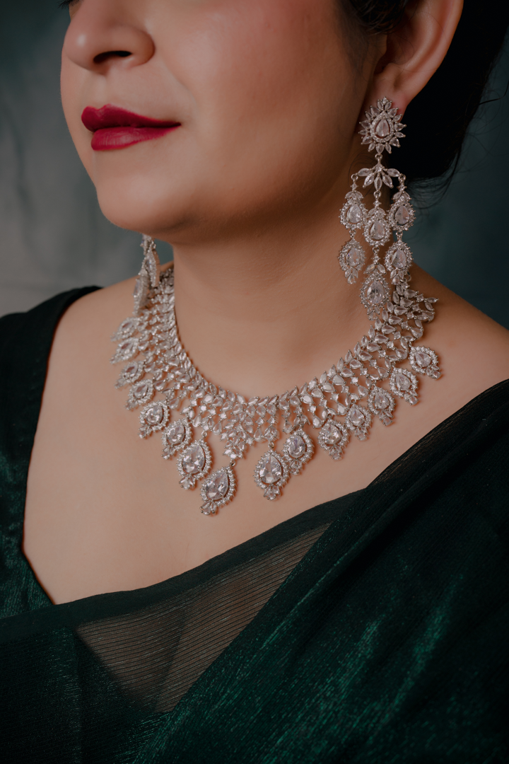 Silver Bridal Necklace Set – Heavy Diamond Look Choker with Statement Earrings