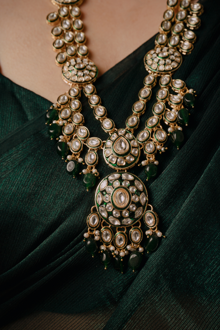 Royal Kundan Long Necklace Set – Layered Polki Bridal Jewelry with Green Beads & Earrings