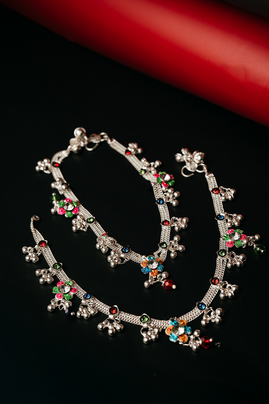 Colourful Beaded Meenakari Payal | Ethnic Silver Plated Anklets for Women | Brass Pajeb