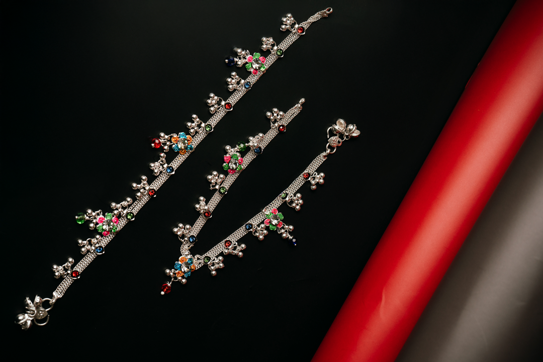 Colourful Beaded Meenakari Payal | Ethnic Silver Plated Anklets for Women | Brass Pajeb